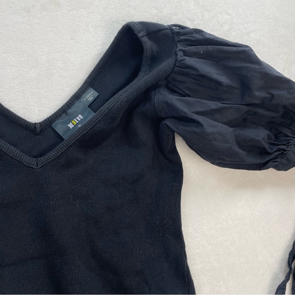 Anthropologie Maeve Puff Short Sleeved V Neck Ribbed Knit Black Top XS - Picture 6 of 7